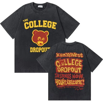 Washed Vintage Rapper Kanye West Graduation Bear Graphic T Shirt Men Pure Cotton T-shirt Men's Hip Hop Fashion Oversized Tshirt