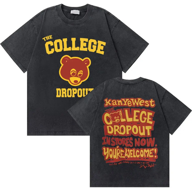Washed Vintage Rapper Kanye West Graduation Bear Graphic T Shirt Men Pure Cotton T-shirt Men's Hip Hop Fashion Oversized Tshirt
