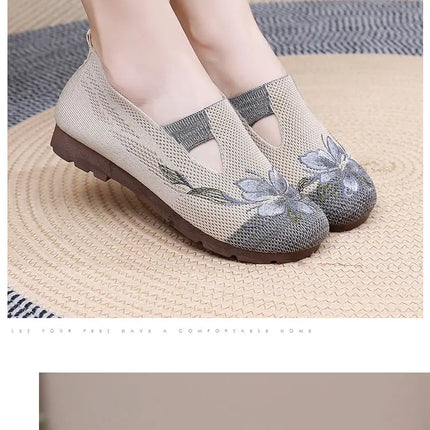 Women's Summer 2025 Breathable Soft-Soled Non-Slip Leisure Mesh Embroidered Flats