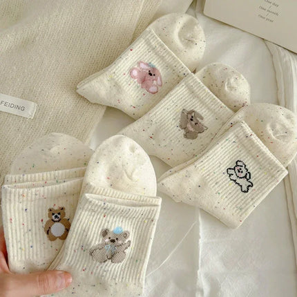 5 Pairs Women's Half Socks Bear Puppy Pattern Cotton Color Solid Dot Yarn Design Skin-friendly Soft Cozy Casual Female Lady Sock