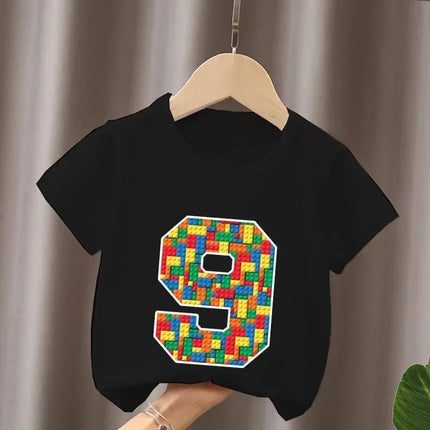 Summer Cotton Children's T-Shirt Building Blocks Bricks Print Number Cartoon Kid 2-9Y Birthday Funny Baby Tee Top Boy Girl Clothes