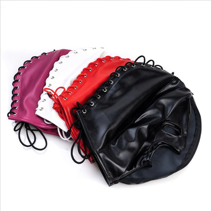 Adjustable Size Fetish Double Leather Mask with Zipper for Adult Mysterious Role Play Halloween Carnival Party Mask Hood Costume