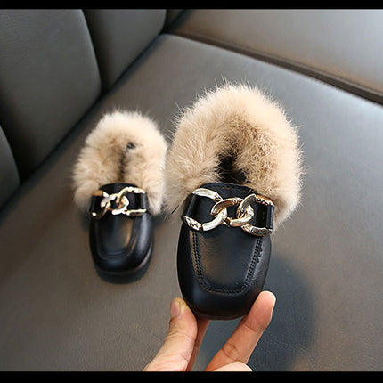 Kids Fur Shoes Children Velvet Shoes Baby Girls Warm Flats Toddler Black Brand Shoes Princess Loafer Chain Moccasin For Winter