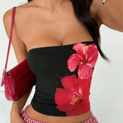 Women's Floral Printed Tube Top Summer Sexy Off the Shoulder Crop Top Streetwear