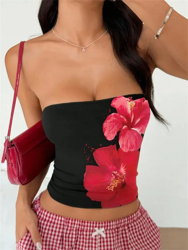Women's Floral Printed Tube Top Summer Sexy Off the Shoulder Crop Top Streetwear