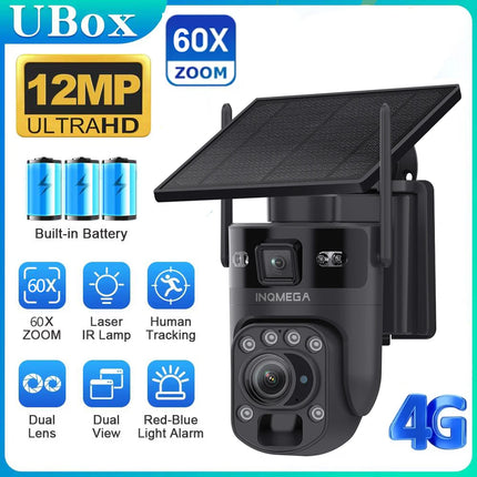 INQMEGA 12MP 60X Optics Zoom Dual Screen 4G /WIFI Solar Camera Securty Outdoor  PIR Human Detection Color Night Vision UBOX APP