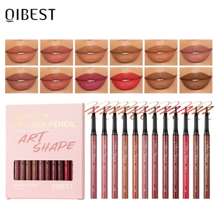 QIBEST Matte Lip Liner Set 12 Colors Nude Shades Lipliner Pen Waterproof Lip Contouring Pencils Lasting Makeup Kits Lipstick Pen