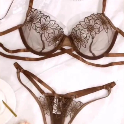 High-End Floral Embroidered Underwire Bra Set, Women's Mesh Unlined Bra + Panties