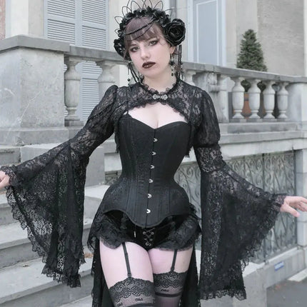 Women's Hollow Out Crop Tops Chic Gothic Lace Smock Tops False Collar Ladies Flare Sleeves Cover-Ups for Dating Party