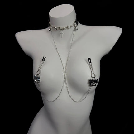 Women's Erotic Collar with Chain and Nipple Clamps Unisex Metal Bell Clamp BDSM Training Toy Body Jewelry Adult Sex Toy 18+