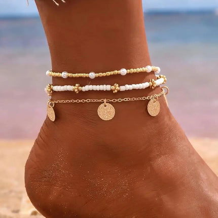 Gold Plated Boho Bead Adjustable Anklet, Hawaiian Beach Seashell Pearl Foot Jewelry Gifts Shell Ankle Bracelet Set for Women