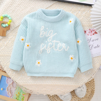 Baby Girl Knitted Round Neck Sweater with Letter Big Sister and Flower Embroidery, Fresh and Versatile, Ins Hot-Selling Top