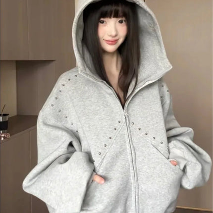American Retro Rivet Splicing Cardigan Hooded Sweatshirt Women Fashion Loose Oversized Casual Vintage Classic Streetwear
