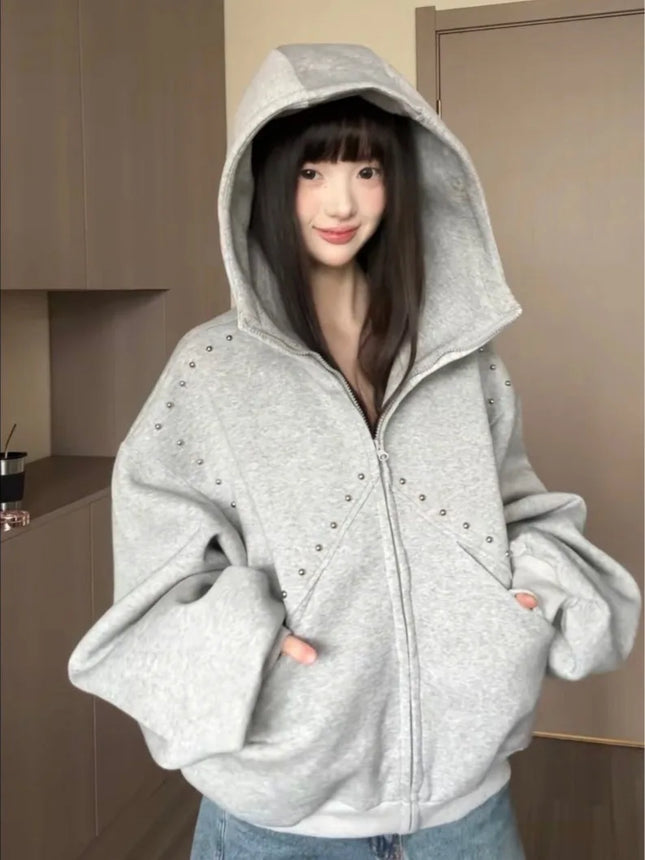 American Retro Rivet Splicing Cardigan Hooded Sweatshirt Women Fashion Loose Oversized Casual Vintage Classic Streetwear