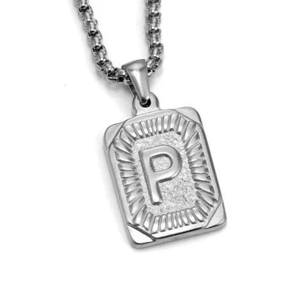 Men's 18K Gold Square Double-Sided 26 English Letter Pendant Titanium Steel Jewelry Necklace