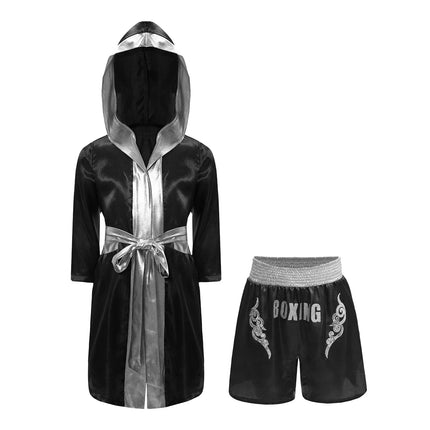 Boys Girls Halloween Carnival Boxer Cosplay Costume Boxing Robe Outfit Long Sleeve Satin Pugilism Hooded Cloak with Belt Shorts