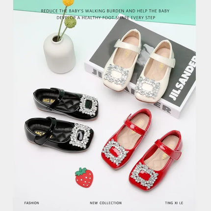 Baby Girls Leather Shoes for Party Wedding Kids Black Mary Janes with Rhinestone Buckle Princess Sweet Chic Children's Flats New