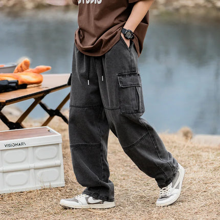 Korean men clothing Japanese style three-dimensional pocket jeans spring new retro vintage washed water workwear men's pants