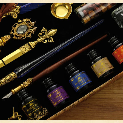Luxury Fountain Pen Set, Retro Sprinkling Feather Pens Calligraphy Writing Dip Kit with Wax Seal Stamp & Replace Nibs, Gift Box