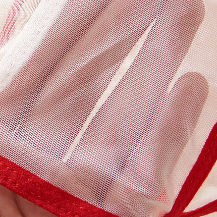 Red Transparent Color Blocked Mesh Hanging Neck Strap Bra Two-piece Sexy Women Deep V Bikini Style Underwear Set Erotic Costumes