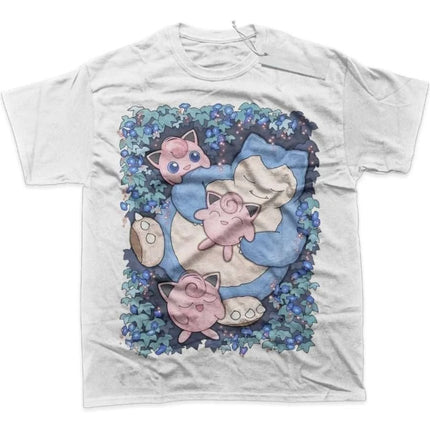 Men's T Shirt Men's Sports T Shirt Men's Short Sleeve T Shirt Pokemon Snorlax Sleeping with Two Jigglypuff on Blue Purple Leaf