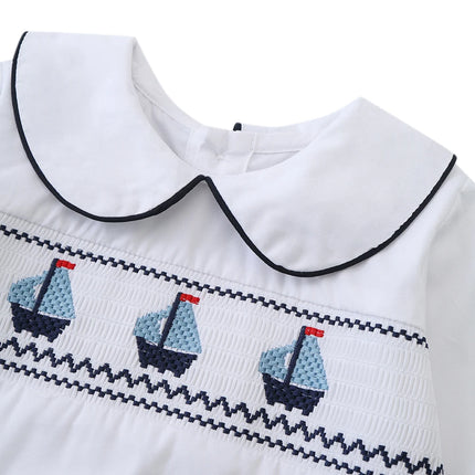Long Sleeve Boys Fashion Set 9-36 Months Infant Smocked Shirt with Peter Pan Collar Baby Daily Gentleman Outfit Soft Cotton Suit