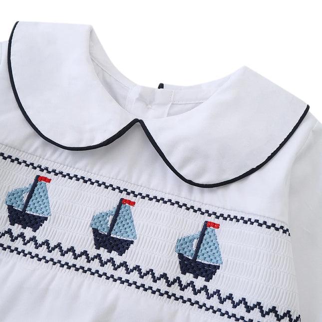 Long Sleeve Boys Fashion Set 9-36 Months Infant Smocked Shirt with Peter Pan Collar Baby Daily Gentleman Outfit Soft Cotton Suit