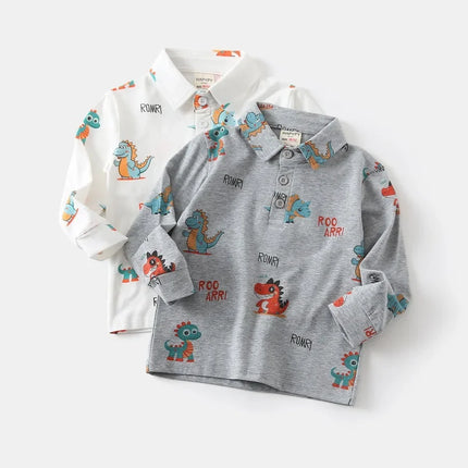 Children Boys Undershirt Tops Spring Kids Boys Long Sleeve Polo Shirt 2-6Y Boys Cotton Dinosaur Print Turn-down Collar Clothes