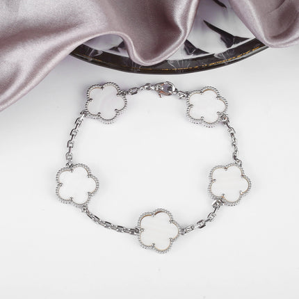 Hot Sale Premium 15mm Natural Stone White Shell Five Leaf Flower Bracelet Gold Silver Lucky bangle For Women Girls Party Daily