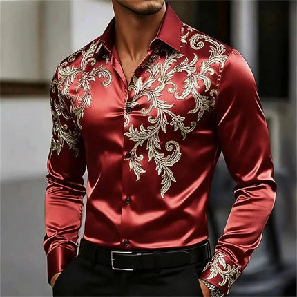 Men's Satin Paisley Printed Shirt Luxury Glossy Long Sleeve Casual Button Down Dress Shirts Nightclub Party Wear