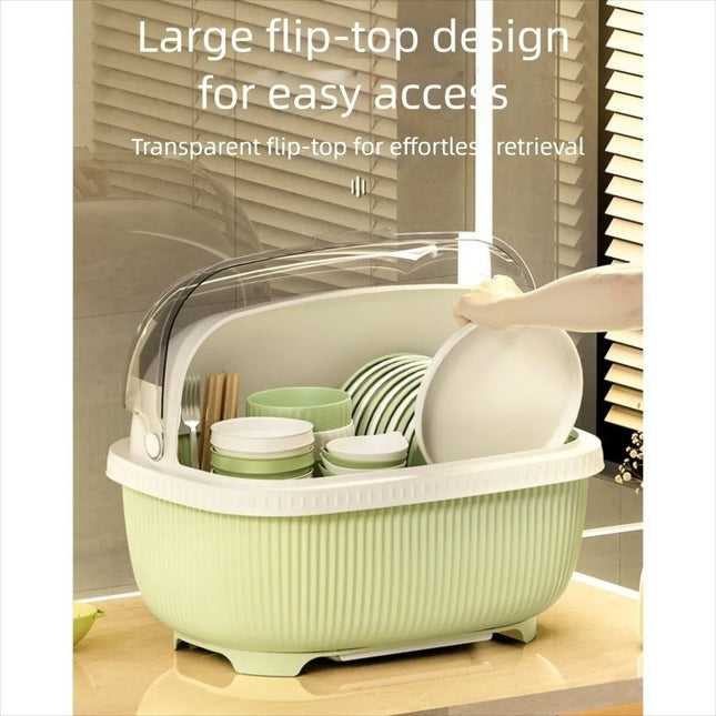 Large Capacity Dish Drainer With Roof Cover Dustproof Multifunctional Kitchen Utensils Rack Cupboard Plastic