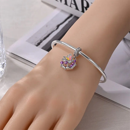 925 Sterling Silver Inlaid Heart-Shaped Beads & Rose Dangle Charm Fits Snake Bracelet Boutique Necklace Purple Pendant Gift