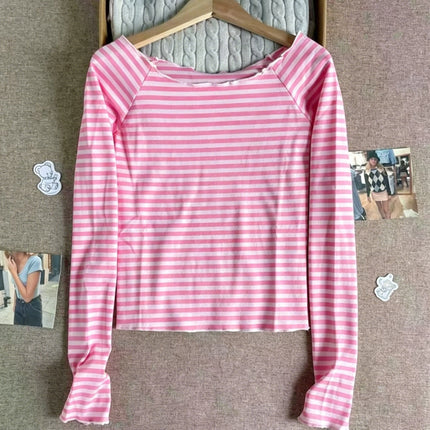 Pink Striped Slim Long Sleeve Tees Women Spring Casual Cotton O-neck Tshirt New Tops Clothes Sweet Cute  Vintage T-shirts Y2K