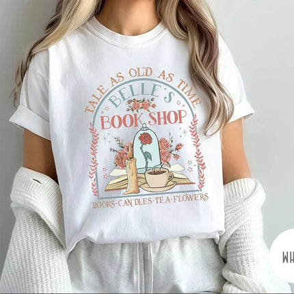 Vintage Retro Belle's Book shop Shirt Tale as old as time Beauty and The Beast Magic Tee Casual Y2K Top Daily Trendy Streetwear