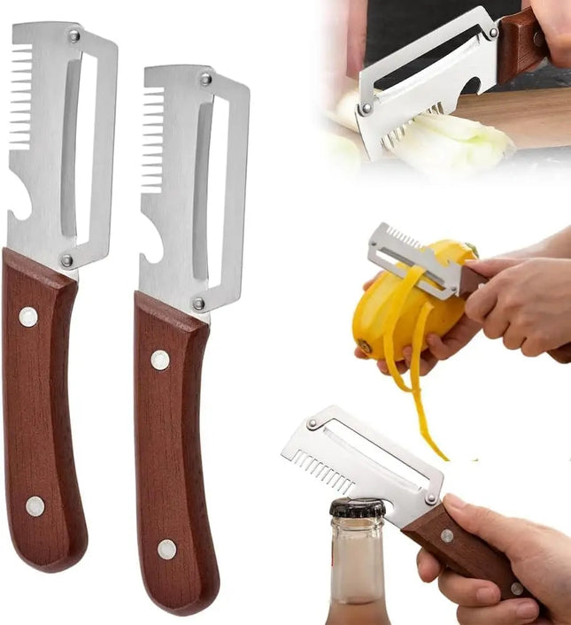 2 Packs Premium Vegetable Peeler with Wooden Handle, Multi-Functional Bottle Opener Kitchen Gadgets Tool for Fruit Pumpkin Potato Carrot Veggie