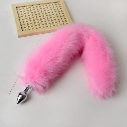Anal Sex Toys of Long Pink Faux Fur Fox Tail with Stainless Steel Metal Butt Plug for Fetish Fantasy Flirting Adult Supplies