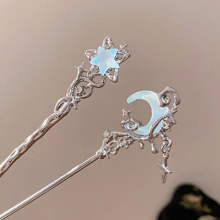 Romantic Moonstone Star Moon Hair Stick Metal Branch Hairpin Hair Fork Chinese Style Hair Accessories for Girls Hair Jewelry