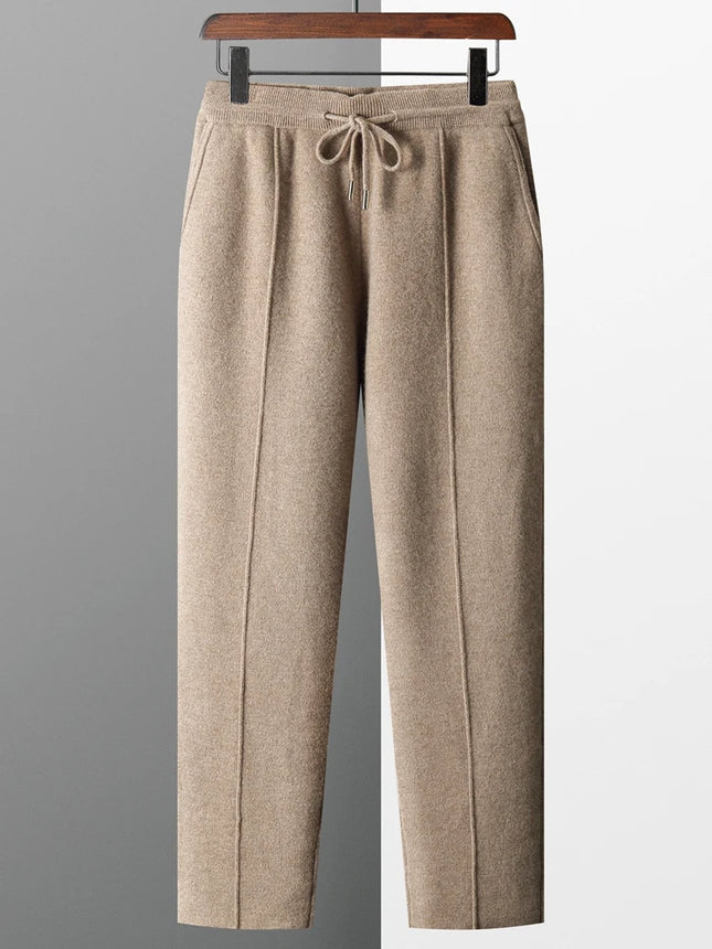 100% Wool Men's Knitted Long Pants Autumn Winter Thickened Slim Fitting Solid Color Warm Flat Corner Pants Leisure