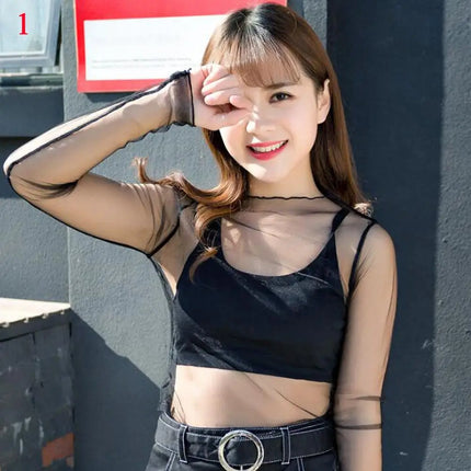 Korea Style Mesh T Shirt Lace Flower under Shirt Long sleeve transparent Tshirt Sexy Black Lace See through Mesh Tee Tops Women