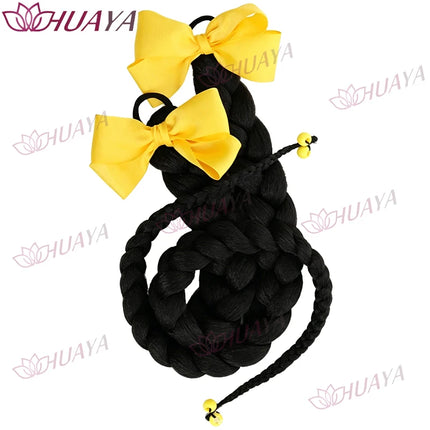 2‑Pack Women's Synthetic 24‑Inch Long Black Braid Ponytail Hair Extensions, Bow Hair Ties, Straight Braid Hair Pieces, Re‑Stylab