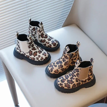 Kids Boots Leopard Prints Classic Little Boys Ankle Boots Side Zipper Fashion Classic Unisex Girls Rubber Boots Breathable Warm