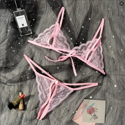 Sexy Lingerie Woman Transparent Underwear Micro Bikinis Porn Lingerie Sex Set Crothless Lace Bow Underwear Erotic Stockings