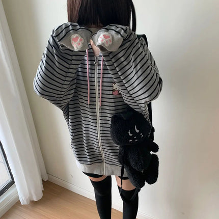 Strawberry Cat Embroidered Striped Hoodies Women Top Japanese Subculture Cute Cat Ear Black Grey Loose Harajuku Coat for Women