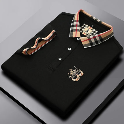 Luxury brand men's short-sleeved polo shirt, summer high-end fashion, plaid embroidery, lapel, casual T-shirt, breathable cotton top