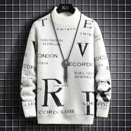 Men's Autumn Winter Fleece Lined Knitted Half High Collar Sweater Letter Pattern Thick Warm Casual Wear for All Seasons