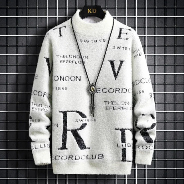 Men's Autumn Winter Fleece Lined Knitted Half High Collar Sweater Letter Pattern Thick Warm Casual Wear for All Seasons