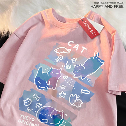 Fun Mischievous Cat Print Japanese Style T-Shirts Men Women Fashion T-Shirts Breathable Summer T-Shirts Cotton Loose Tee Clothes