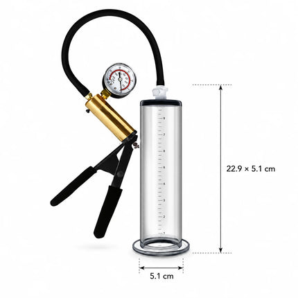 Male Acrylic Cylinder Vacuum Pump Sex Toy with Black Hose Metal Gauge Hand Pump and Man Masturbation Accessories