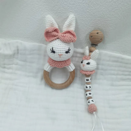 Baby Rattle Crochet Bear Teether Rattle With Bells Pacifier Chain Newborn Montessori Educational Toy Wooden Rings Baby Toys