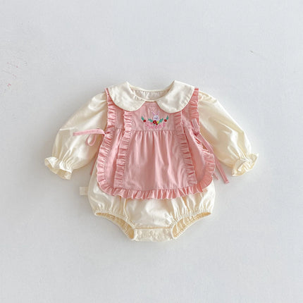 Baby triangle one-piece suit, autumn outfit, sweet farting coat, rabbit vest set, baby girl 100-day celebration crawling suit